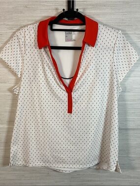 Lucky in Love White Grey Print Top Red Collar Attached Tank Med Pickleball Polo